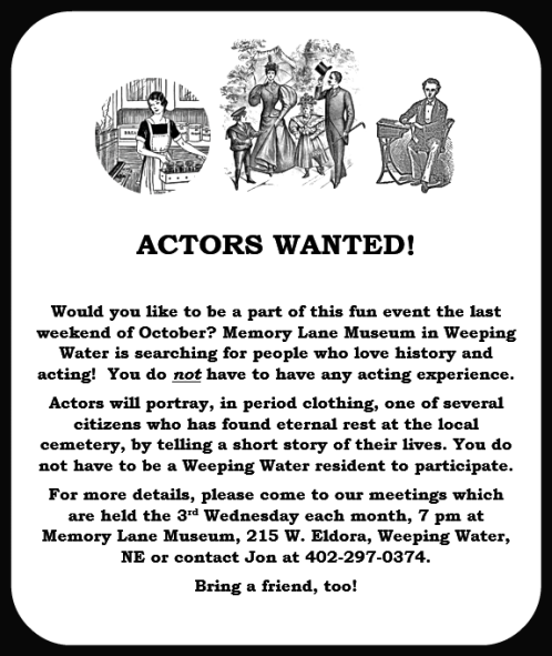 2018 04 25 WW Memory Lane actors wanted 1