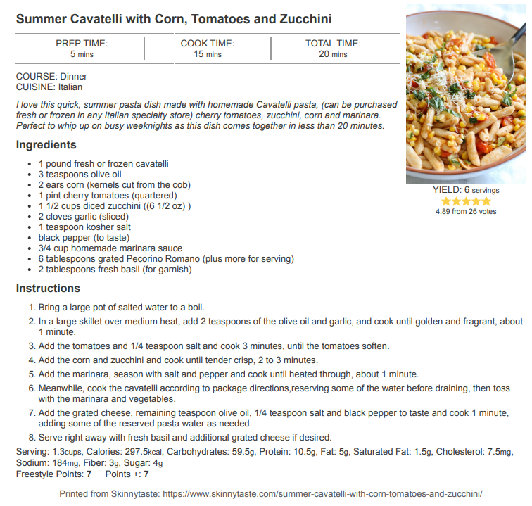 Cavatelli with Corn Tomatoes and Zucchini