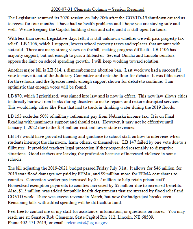Senator Clements Letter